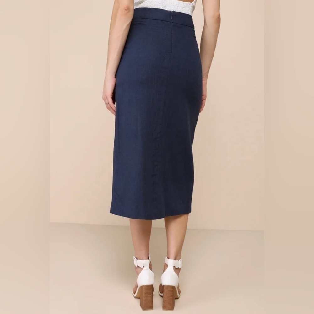 Lulus Navy Blue Linen High Rise Midi Skirt - Picture 3 of 6